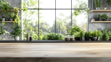 Serene Kitchen with Greenery and Wooden Countertop