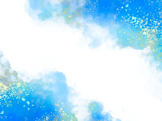 青とゴールドの水彩フレーム 手描き水彩 和風