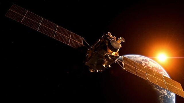 Satellite Orbiting Earth at Sunrise