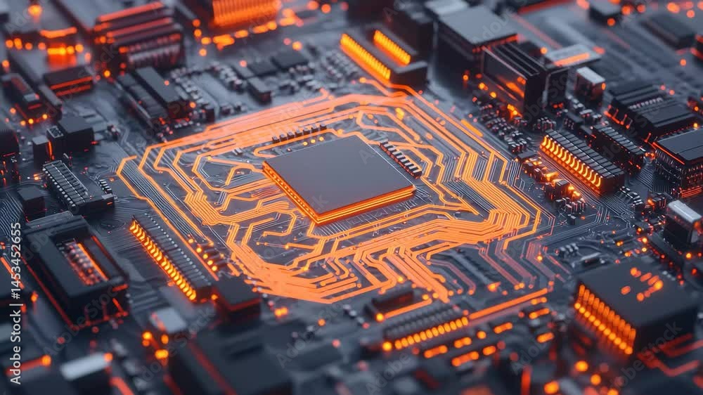 Poster closeup view of a complex electronic circuit board featuring an illuminated microchip and intricate 