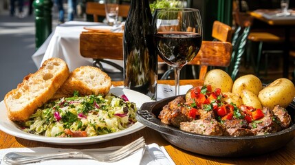 Obraz premium Delicious Meal with Grilled Meat, Fresh Salad, Bottle of Wine
