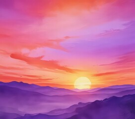 Obraz premium Abstract sunset watercolor wash, vibrant orange and purple hues , modern art, ethereal
