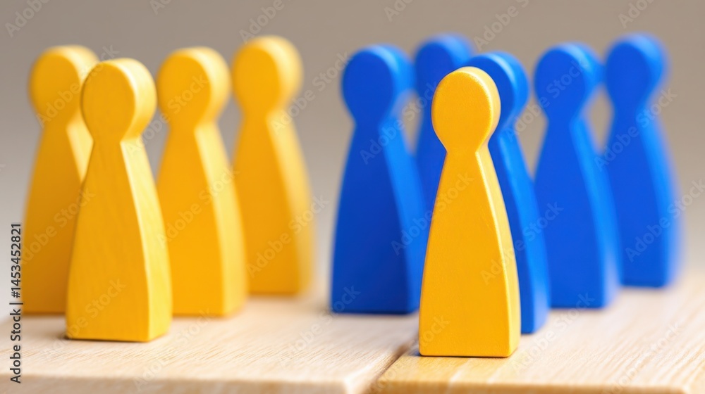 Poster group of people standing on a wooden block symbolizing unity and mindful asset diversification conce