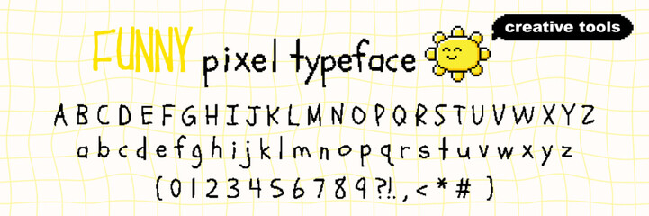 Pixel font set with retro 8-bit letters and numbers. Vector typeface in trendy hand drawn y2k style.