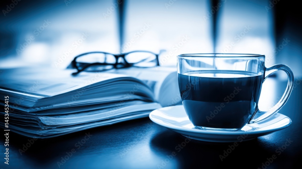 Poster cup of coffee next to a book symbolizing a drift in concentration and the need for narrow focus in l