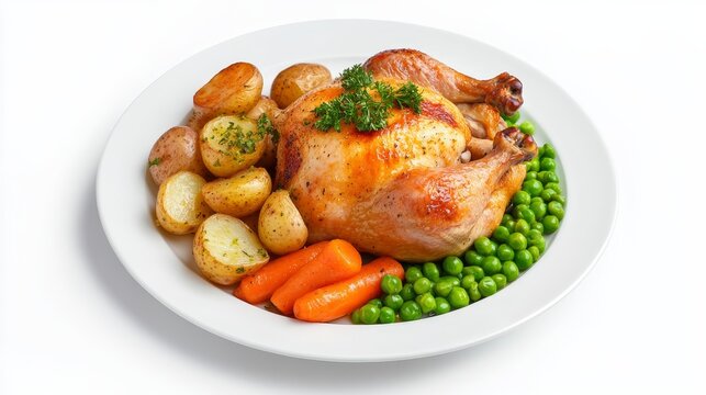 a white circular plate of a traditional roast chicken with roast potatoes, roast carrots, peas realistic food photography, isolated on a white background 
