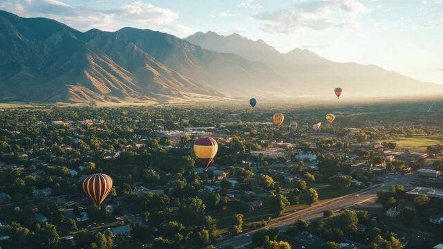 Cinematic drone view of colorful hot air balloons soaring above Provo Utah during a stunning sunrise, Cinematic drone shot of hot air balloons in Provo, Utah