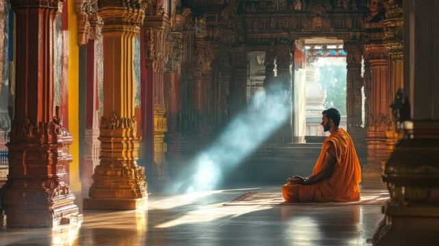 Hindu man prays in a vibrant temple filled with sunlight and intricate carvings during afternoon hours, Hindu man praying in Hindu temple