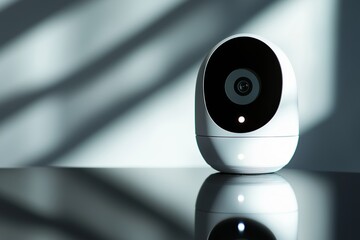 A sleek, modern white webcam with a minimalist design, placed on a reflective surface. The high-quality lens and subtle LED indicator lights enhance its premium look, with soft shadows adding depth.