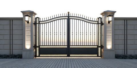 Elegant metal gate entrance design with decorative posts and lighting for property security idea