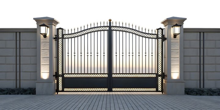 Elegant metal gate entrance design with decorative posts and lighting for property security idea