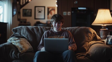 A young man is sitting on a couch in her living room, working on him laptop. he is smiling and appears to be focused on her work