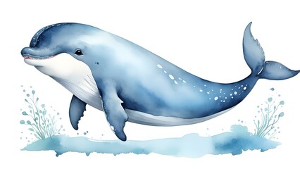 Watercolor Illustration of a Cute Whale with a Gentle Smile, Soft and Playful Design