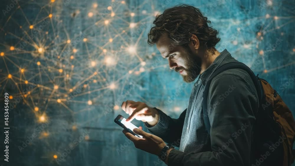 Poster man using smartphone with a network of connections and globe background at night, network of connect