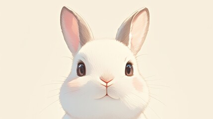 Fototapeta premium Cute, soft white bunny with pink cheeks looks at the viewer