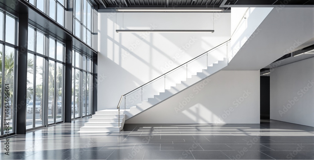 Poster modern interior with white staircase and sunlight through large windows, minimalistic design on tile