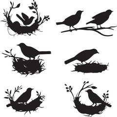 Fototapeta premium Bird Silhouettes Vector Art: Nesting Birds, Bird on Branch, Minimalist Wildlife Illustration, Black and White Bird Clipart, Nature Graphic Design