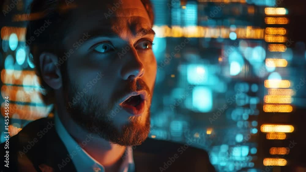 Poster businessman monitoring data processing in a high-tech environment, monitor data processing over cauc