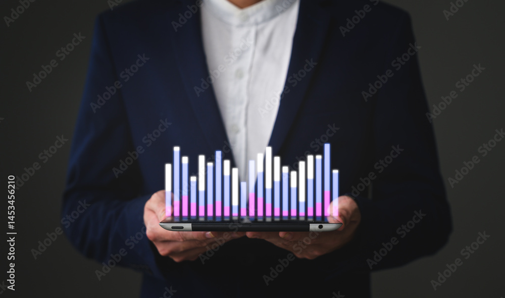 Poster a person in a suit holds a tablet displaying a colorful 3d bar graph, symbolizing data analysis and 