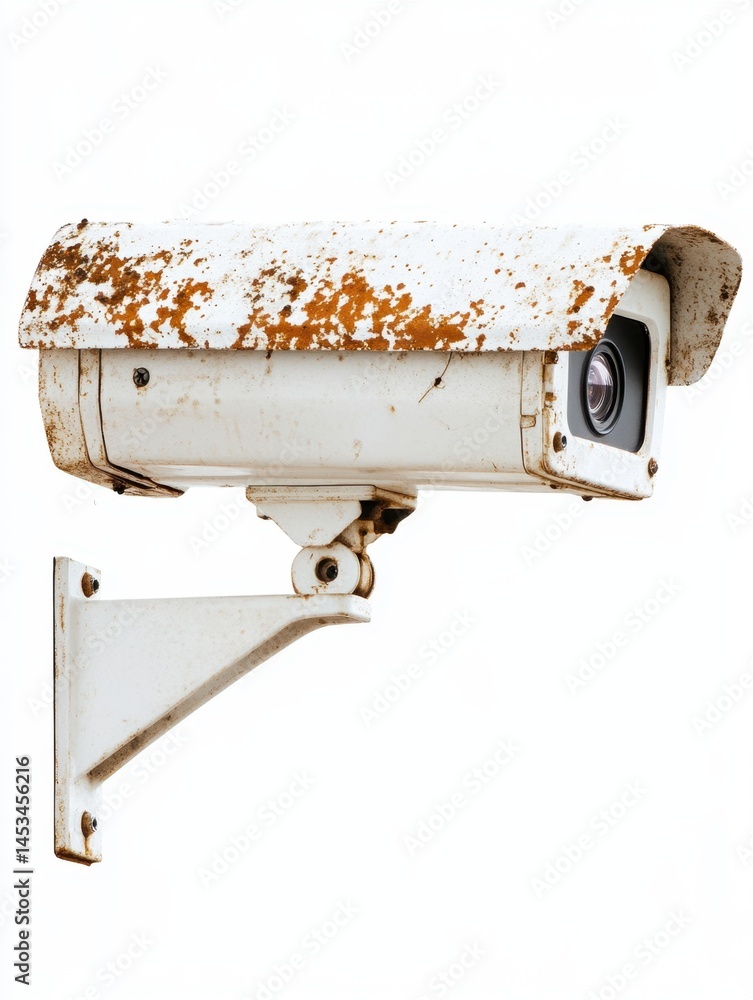 Poster weathered security camera on white background showing signs of rust and age for security concepts