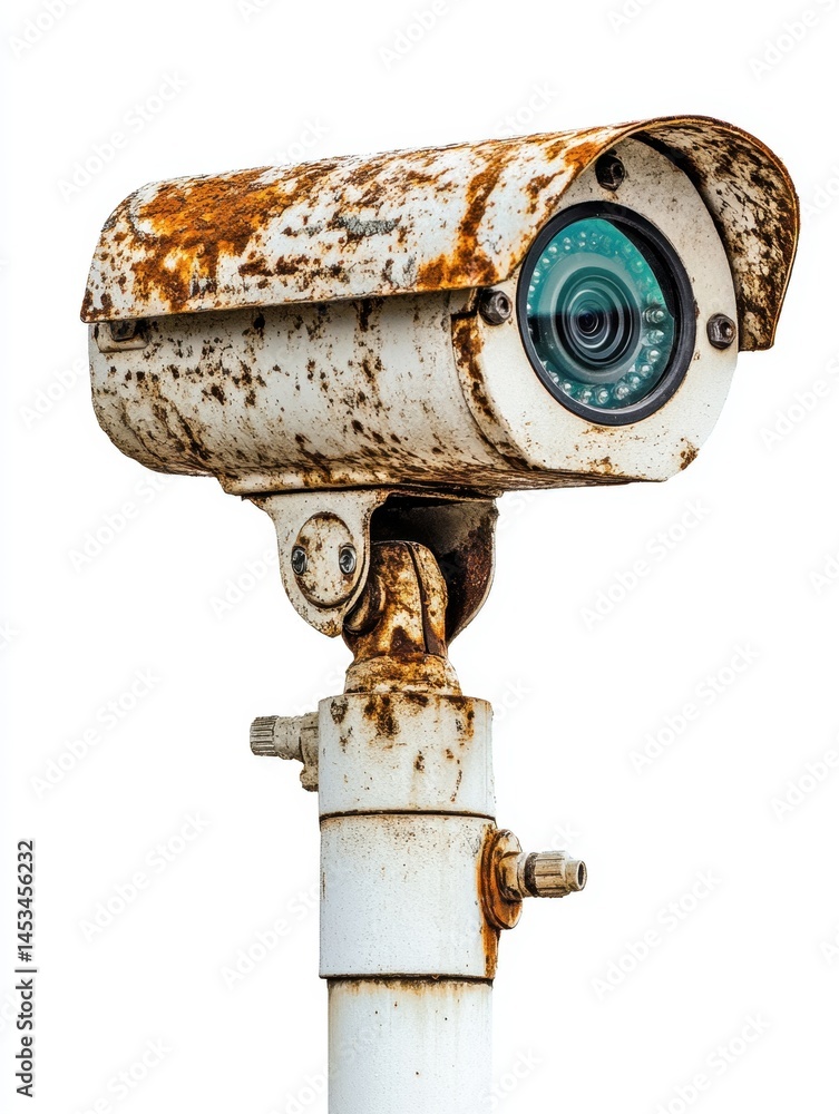 Poster weathered security camera on white background showing rust and signs of age and neglect