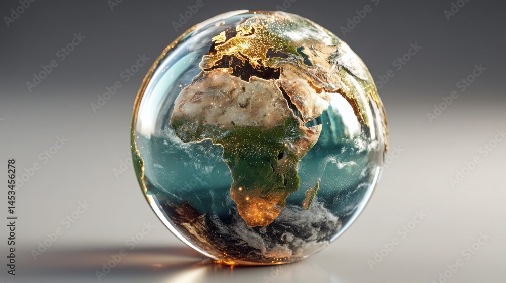 Poster globe with reflective surface symbolizing global connectivity and international relations in a moder