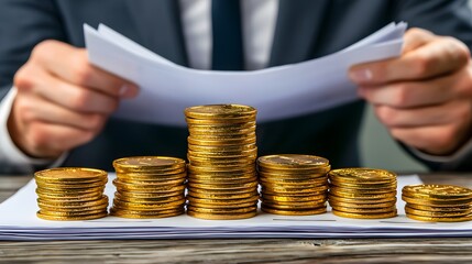 Stacks of Gold Coins on Documents with Businessman Reviewing Papers in Background