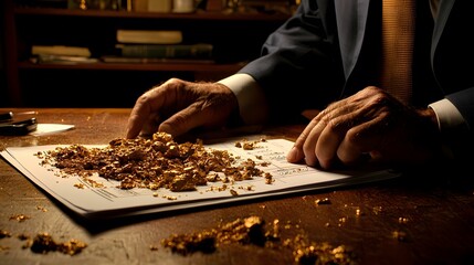 Wealthy Businessman Assessing Raw Gold Nuggets on Documents at Desk