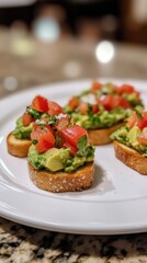 Delicious Avocado Toast Appetizers with Fresh Tomato and Cilantro on a White Plate Ready to Eat