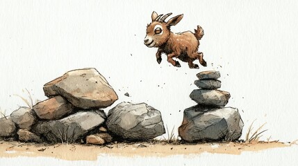 Obraz premium Playful Goat Leaping Between Stone Piles in Cute Illustration