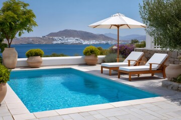 Fototapeta premium Luxurious swimming pool overlooking Mykonos, Greece