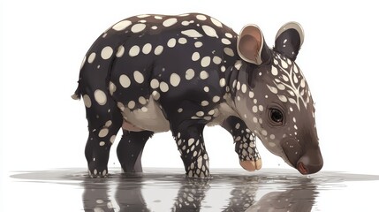 Playful Young Tapir Walking Through Shimmering Water Reflection
