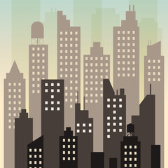 Minimal vector cityscape with high-rise buildings under a soft gradient sky. Perfect for urban themes and modern design concepts.