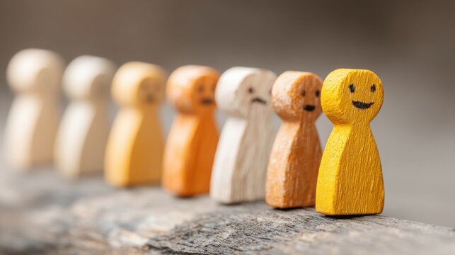 A diverse group of wooden figures representing emotional trading and crowd forecasting in financial markets concept