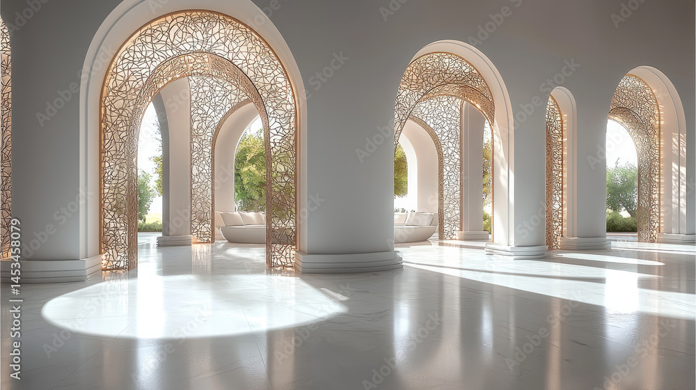 Aufkleber Elegant minimalist arches with intricate patterns and soft natural light create serene, luxurious interior space, featuring white marble floors and lush greenery outside