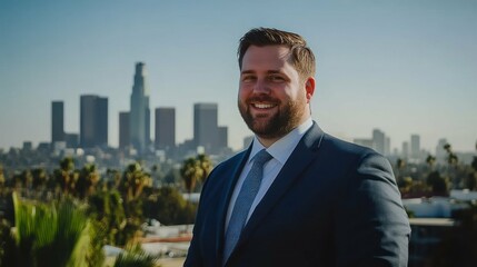 Man in suit smiles with Los Angeles skyline in background on rooftop.