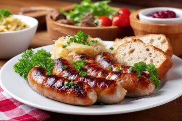 Grilled sausages with sauerkraut and bread on white plate, enjoying traditional German cuisine
