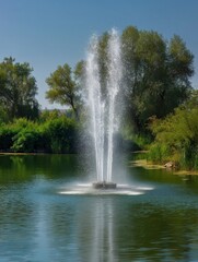 Obraz premium Serene Fountain Display in a Lush Green Pond Under a Bright Blue Sky on a Sunny Day Outdoors