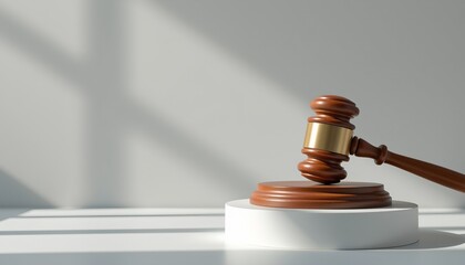 legal gavel on minimalist white pedestal, soft shadows, copy space, 8k.