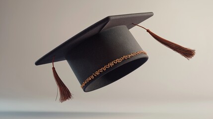 A modern  graduation hat floating in mid-air with soft shadows beneath. The fabric texture, stitching, and tassel movement are captured with photorealistic precision, isolated on a clean background.