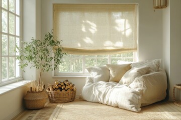 Obraz premium Cozy corner room with sunlit window seat.