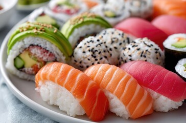 Close-up of various sushi rolls arranged on the table, showcasing different types and colors of fish, rice, avocado, nori sheets, wasabi, and so on