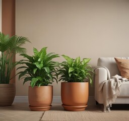 Fototapeta premium Lush green plant in terracotta pot rests beside cozy couch pillows , peaceful, vibrant