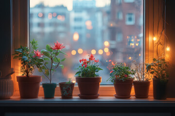 potted plants sit on a windowsill, receiving dappled sunlight.