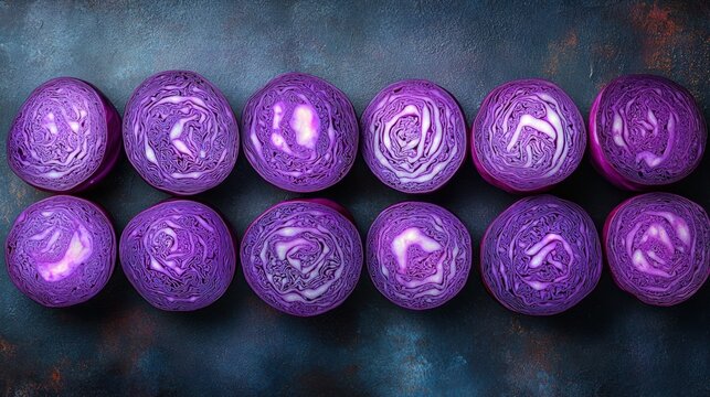 Freshly sliced red cabbage rounds, arranged in a straight line on a dark surface.  The vibrant purple exterior and white interior of each slice are clearly visible, showcasing intricate patterns
