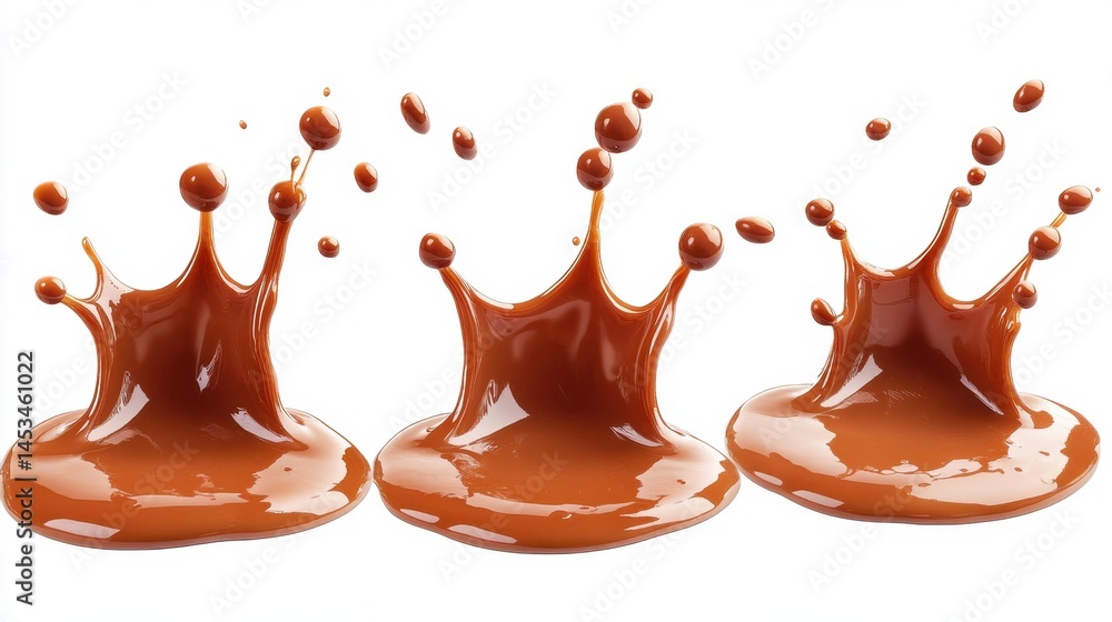 Poster three splashes of rich brown caramel on a clean white backdrop for design elements and concepts