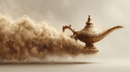 Fototapeta premium Magical antique lamp emerging from swirling golden dust cloud