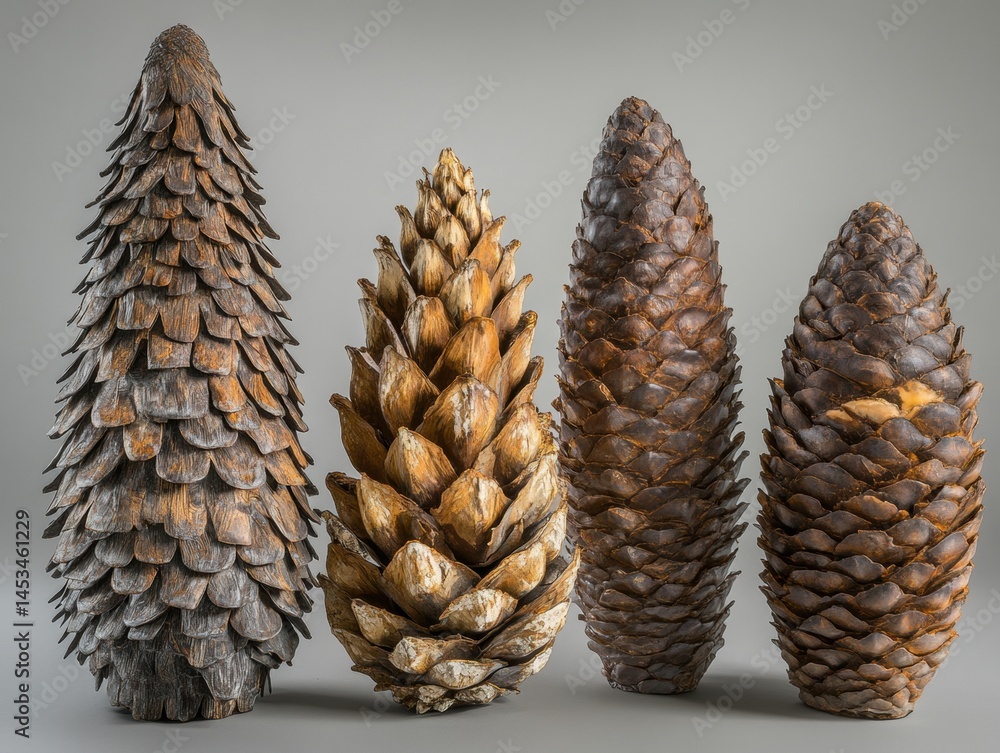 Poster four unique pine cones displayed against a neutral background in a studio setting for art