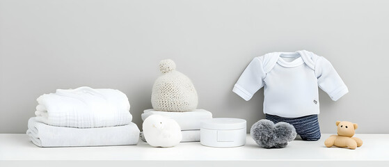 Baby Clothes Set On White Shelf