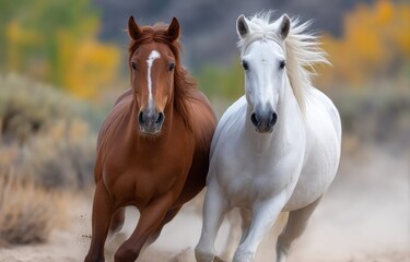 Two horses, one brown and the other white, run side by side in the dust